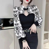 Chinese Disc Buckle Blouse Chic Cut Out Spring Autumn Women's Clothing Printed Spliced Slim Elegant Stand Collar Shirt-Outfit