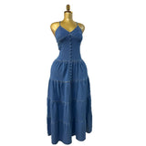 Fongt Women's Summer New Sexy Fashion V-Neck Suspension With Denim Dress Cake Dress