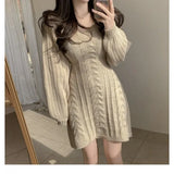 Fongt Chic Autumn Tenderness V-Necked Knitted Dress Design Slim Skinny Long Sleeves A-Shaped Knitted