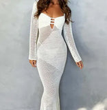 Women's Fall 2023 New Hollow Out Long Sleeve Knit Low-Cut Sexy Backless Dress-Outfit