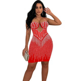 Fashion Women's Solid Color Mesh Diamond Halter Short Dress-Outfit