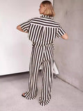 Fongt Summer Women's Fashion Casual Polo Collar Stripe Color Patchwork Short Sleeve Set 88175-Outfit