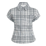 Fongt Cloth Forget British Wind Wood Ear V-Neck Check Shirt Temperament Waist Button Bubble Sleeve Top