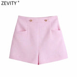 Women Sweet Double Breasted Notched Collar Pink Tweed Woolen Short Blazer Coat Vintage Female Outerwear Chic Tops