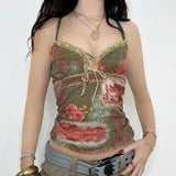 Fongt Style Floral Print Lace Stitching Sling New V-Neck Retro Slim Small Vest-Outfit