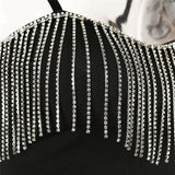 Black Strap Crop Top With Rhinestone Fringe-Outfit
