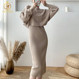 2022 New Fall/Winter Bat Sleeve O-Neck Soft Sweater + Women's Knitted Vest Long Dress Two-Piece Dress