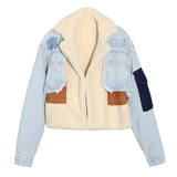 Fongt No Doubt Liang Shuang With The 2024 New Velvet Thick Denim Stitching Lamb Lapel Cotton Jacket Coat Female-Outfit