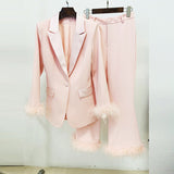 Fongt New Fashion Temperament Real Feather Ostrich Hairy Blazer Nine-Point Trouser Suit Two Sets
