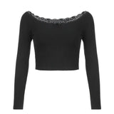 Cute Bow Black Slash Neck Crop Top Vintage 2000s Lace Patchwork Long Sleeve Basic T-shirt Women Casual Korean Fashion Tee-Outfit