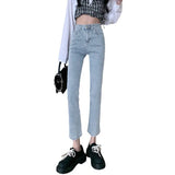 Fongt Pants Female 2024 New Fall 9 Points High-Waisted Pants Fall Small Black Elastic Straight Leg Jeans-Outfit