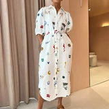 Fongt 2024 Women's New Printed Lapel Long Style Waist Lace Shirt