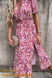 Winter Long Floral Print Dress Robe for Women 2023 Casual Long Sleeve Split Dress Female Boho Elegant Maxi Party