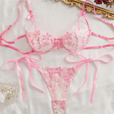 Ribbon Tie Up Embroidery Flower Half Cup Lingerie Set-Outfit