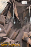 Embroidery Zip Up Hoodies Women Long Sleeve Sweatshirts Loose Hooded Jackets Y2K Clothes Grunge Punk Vintage Overcoat