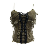Real Shooting Do The Old Fur Side Of The Denim Splicing Pu Skin Lace Sling Vest Short Without Sleeve Top