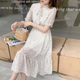 Summer New Korean Long Chiffon Thin Women's Dress Fashion Short Sleeve V-neck Printed