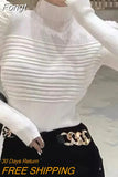 Puff Sleeve Turtleneck Sweater Women Elegant Solid Knitted Fashion Striped Pullover Tops Long Sleeve Slim Fall