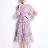 Fongt Court Wind Shattered Flower Lantern Sleeve Dress Women's Spring New Hollow Hook Flower V Collar Light Luxury Temperament Long Dress