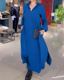 Fongt Summer New Casual Solid Color Loose Thin V Collar Long Sleeve Dress