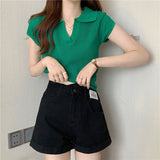 Fongt T-Shirt Women Summer New Short Net Red Hollow Knitted Shirt Full Set Thin Polo Collar Short Sleeve Top