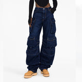 Fongt Wind Jeans Pants Women's Autumn 2024 New Lazy Cargo Pants Mop Straight Pocket Wide Leg Pants-Outfit