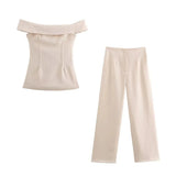 Fongt Women's INS Burst Side Open Fork On The Shoulder Trousers Set