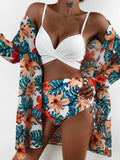 2024 New Bikini Gathering Sexy Mesh Three-Piece Set Of Split-Print Swimsuit