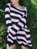 Distressed Stripe Longline Sweater-Outfit