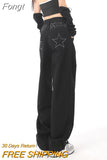 Five Pointed Star Straight Women Black Jeans European and American Style Design High Waist Wide Leg Length All Match