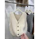 Solid Color Sleeveless Cardigan Knitted Vest 2024 Autumn And Winter New Style Folded Sweater Women's Dress-Outfit