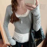 Lace Lace Long-Sleeved T-Shirt Women's Early Spring New Style Slim And Slim Fake Two Inner