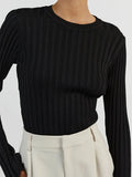 Strip Solid Knitted Sweater Autumn Woman Round Neck Long Flare Sleeve Pullover Casual Simple Basic Jumper Female Sweaters-Outfit