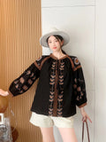 2023 New Women's Wear Retro Solid Color Ethnic Style Embroidered Loose Lantern Sleeve Shirt Loose Jacket Women-Outfit