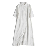 Fongt Linen Dress Women Spring And Autumn New Simple Collar Loose Short-Sleeved Cotton Shirt Dress