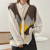 2021 New Autumn Winter Women Sweaters Sleeveless Oversized Plaid Vintage Vest Checkered Waistcoat Lady Tops