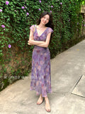 Fongt Xixi 2025 Summer New Korean Version Of High-Waisted Holiday Sling Dress V-Neck Print Pure Desire Skirt 88361
