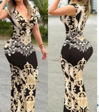 Fongt Summer Women's Sexy Fashion V-Neck Sleeveless Print Bag Hip Long