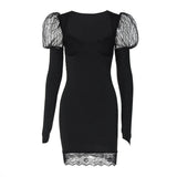 Black Lace Puff Long Sleeve Mini Dress-Outfit