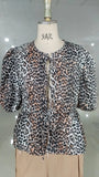 Fashion Casual Leopard Print Hollowed-Out Lace-Up Bubble Sleeve Shirt Women's Top-Outfit