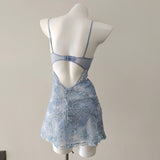 Fongt Sexy Sling Pyjamas Women's New Embossed Blue Hollow Lace Mesh Yarn Short Pyjamas Pure Desire High Sense