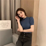 Fongt Short-Sleeved T-Shirt For Women's Summer 2023 New Knitted Bottom Shirt With Bubble Sleeves Short