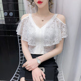 Lace Blouse 2022 Summer New Sexy Off-shoulder Ruffle Tops Simple V-neck Black Shirts Casual 3XL Blusas Mujer