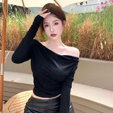 Collar Off Shoulder Women's Crop Top Solid Colour Spring Autumn-Outfit