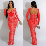 Fashion Women's Hot Diamond Mesh Perspective Long Sleeve Dress-Outfit