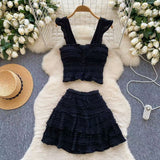 Fongt Temperament Sweet Age Reduction Short Sling Vest High Waist Fluffy Cake Skirt 2025 New Summer Suit