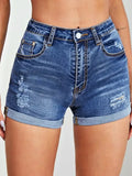 Broken Hole Flip Edge Stretch Denim Shorts Woman-Outfit