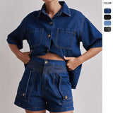 Fongt Summer Women's Casual Retro Loose Shirt Denim Shorts Set Denim