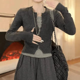 Fongt Dark Gray Slim Fake Two Knitted Shirt Women Autumn New Niche Temperament Thin Sweater Top