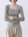 Autumn Long Sleeve Knitted Sweater Pullovers Girls Square Collar Tops Jumpers Women Base Jumper Slim Knitwear-Outfit